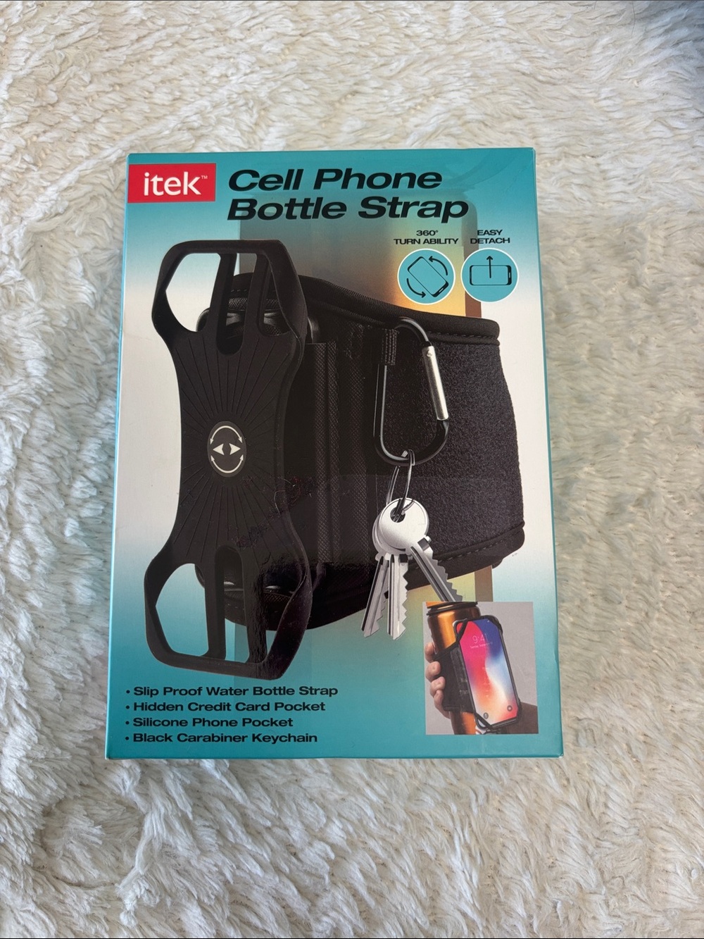 Black Cell Phone Bottle Strap with Carabiner